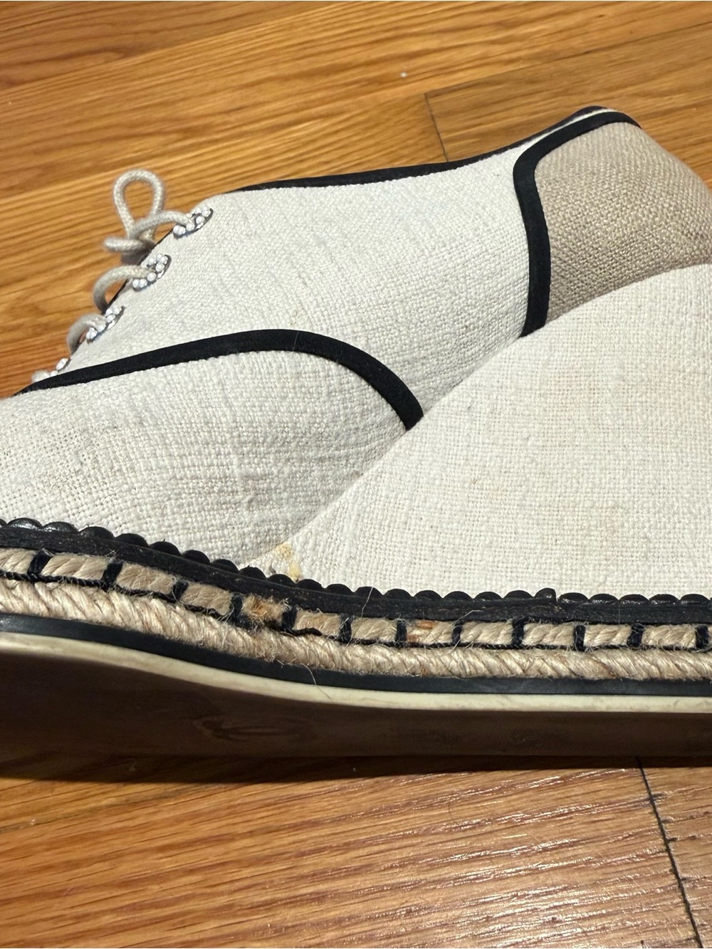 CHANEL Cream Black Linen Lace-Up Espadrille Wedge Shoes Size 41 - Picture 10 of 13